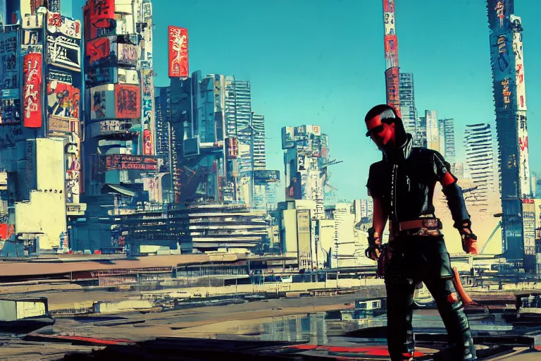 Image similar to punk leather samurai. dramatic low angle. tokyo can be seen in the distance. art in the style of vincent di fate's cyberpunk 2 0 2 0.