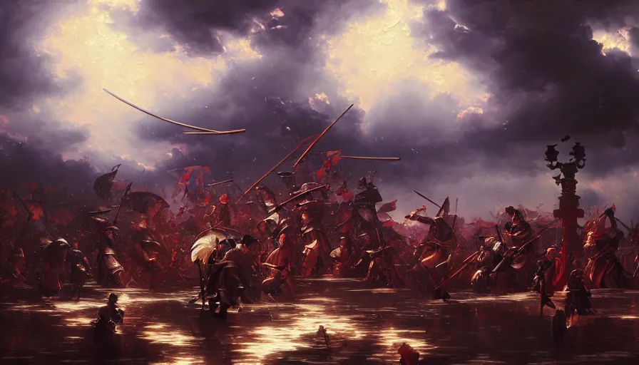 Prompt: baroque oil painting of key visual great samurai war, many warriors, rain, storm, final fantasy, fake detail, trending pixiv fanbox, acrylic palette knife, style of makoto shinkai takashi takeuchi yoshiyuki sadamoto greg rutkowski chiho aoshima