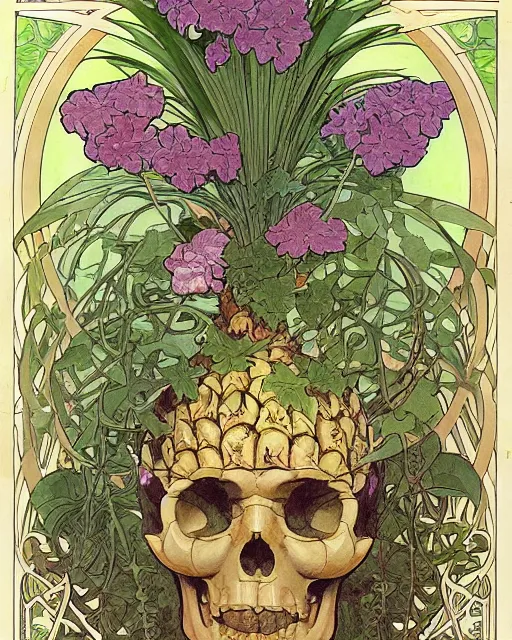 Prompt: Poster of an ancient silve skull with pineapple leaves growing out of the top art surrounded by varities of vines and flowers, cell shading, by Alphonse Mucha, Moebius, hiroshi yoshida, Art Nouveau, colorful, ultradetailed, vivid colour, 3d