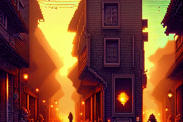 Prompt: a city street in athas under the dark sun, beautiful detailed pixelart by albertov, intricate details, beautiful, dithered gradients, volumetric lighting, cgsociety, artstation, 2 d, smooth, sharp, focus, illustration, art by artgerm, by greg rutkowski, by dan mumford