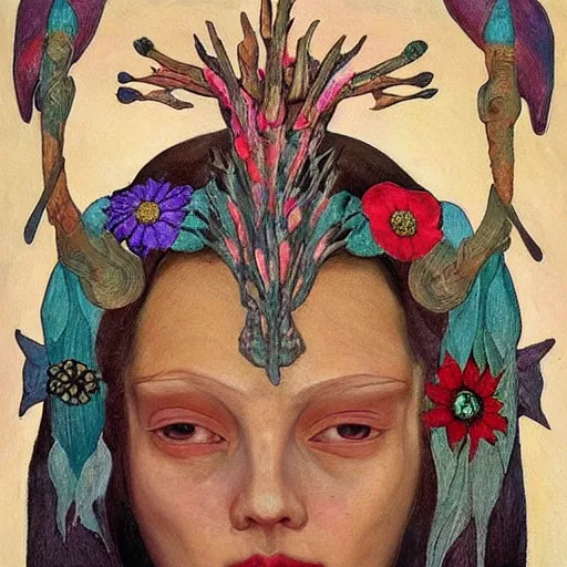 Image similar to the bone crown, by Annie Swynnerton!! and Nicholas Roerich and ((((((Diego Rivera)))))), embroidered robes, floral tattoos, bioluminescent skin!, elaborate costume, geometric ornament, symbolist, soft colors, dramatic lighting, smooth, sharp focus, extremely detailed