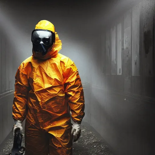 Prompt: still from the movie saw, low angle skewed shot of a man in a bloody hazmat suit, big shovel, blood, horror, award winning photo, high detail, atmospheric, 8k, grave