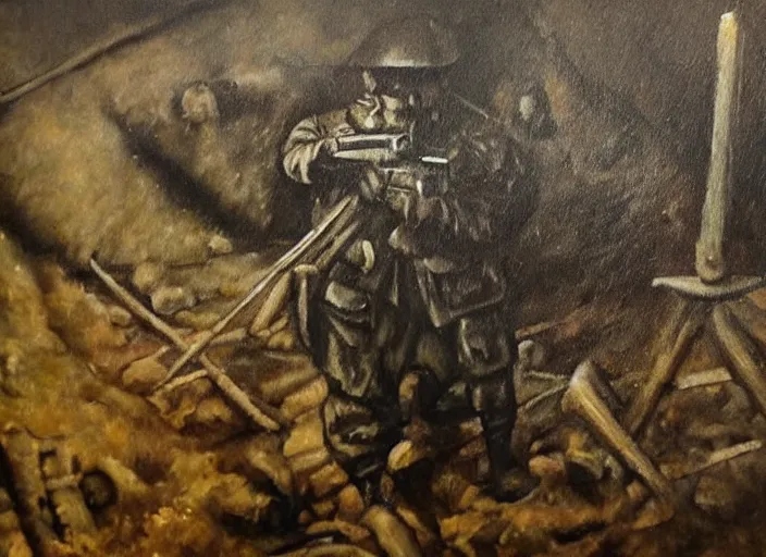 Prompt: realistic dark oil painting of spongebob squarepant inside ww 1 trenches, holding rifle, terrified, scared, war film