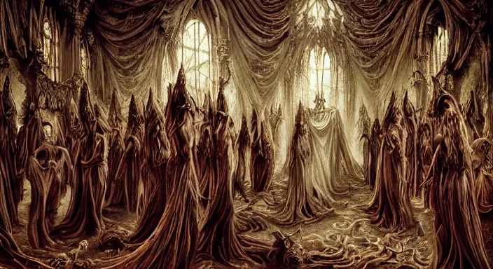 Image similar to photo of sacred blasphemous ritual of the undead, style of Peter Gric, lavish rococo baroque setting, fashion-photography, unholy ceremony, sacrilegious rite, evil, menacing, ominous, threatening, sinister, malevolent. Highly-detailed, photographic, cinematic, dramatic, establishing shot