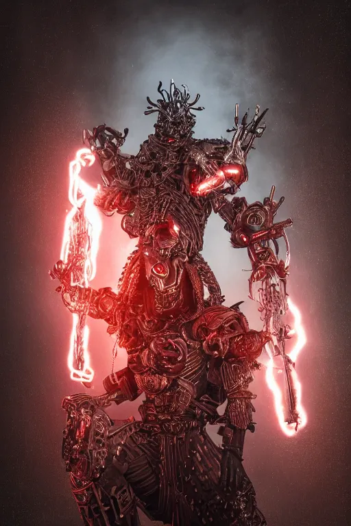 Prompt: a portrait of an ancient cybernetic lich king, dark sci - fi setting, shining chrome and leather, dynamic pose, decay, glowing red eyes, close - up, intricate details, intricately detailed clothing and textures, warm lighting, vivid colors, smoke and mist, hyper realistic octane render, volumetric shading, depth of field, raytracing, 8 k,