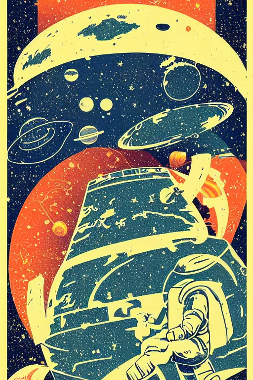Prompt: vintage poster, space travel, illustration, vector art, retro