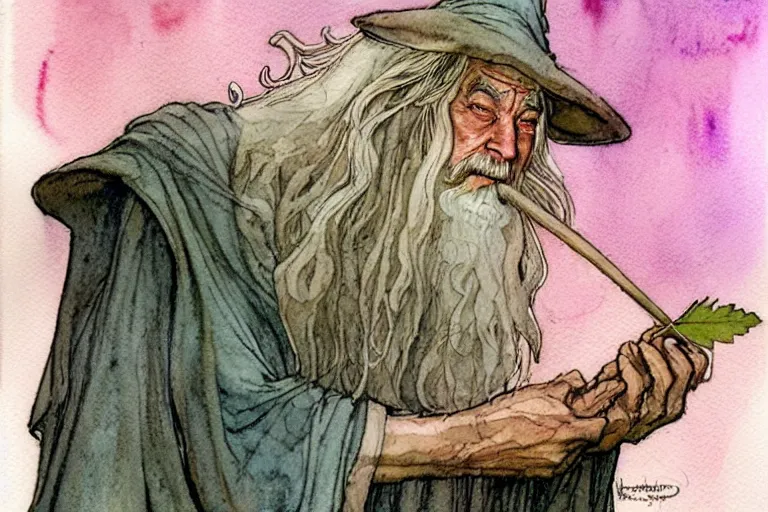 Prompt: a realistic and atmospheric watercolour fantasy character concept art portrait of gandalf with pink eyes lying on his back looking happy and confused with a pot leaf nearby, by rebecca guay, michael kaluta, charles vess and jean moebius giraud