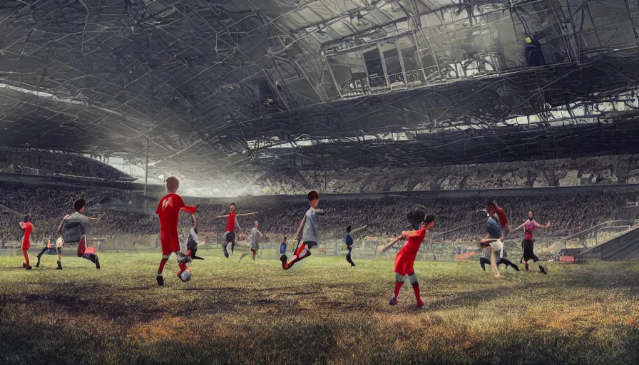 Image similar to kids playing soccer in destroyed rfk stadium in washington dc, cloudy day, hyperdetailed, artstation, cgsociety, 8 k