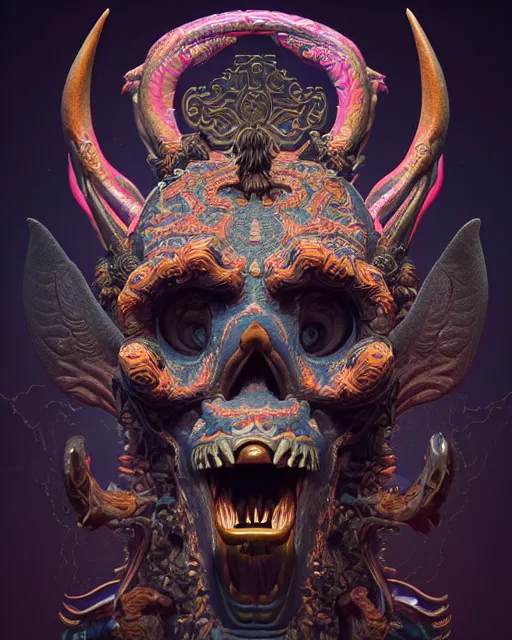 Prompt: 3 d ornate carved satan with tattoos profile portrait, sigma 5 0 0 mm f / 5. beautiful intricate highly detailed quetzalcoatl skull. bioluminescent, plasma, lava, ice, water, wind, creature, thunderstorm! artwork by tooth wu and wlop and beeple and greg rutkowski, 8 k trending on artstation