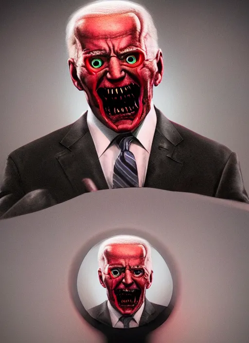 Image similar to hyper realistic terror photo Doom horror furious glowing red eyes biden