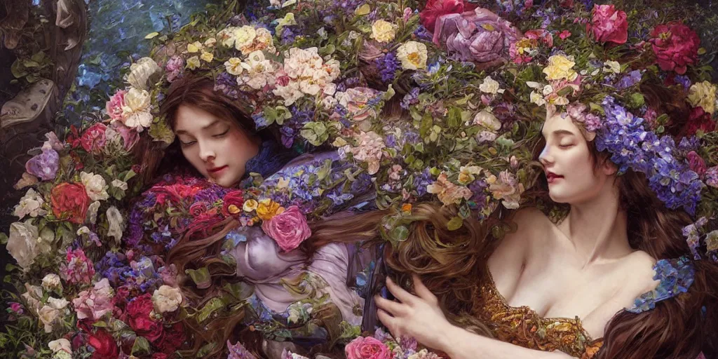 Image similar to mysterious sleeping beauty holding a large bouquet of flowing flowers, sleeping in an elaborate coffin, fantasy, regal, intricate, by stanley artgerm lau, greg rutkowski, thomas kindkade, alphonse mucha, loish, norman rockwell