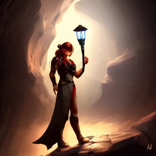 Image similar to a epic hero adventurer holding a torch in a dark cave, artgerm, realistic, cryengine, symmetric