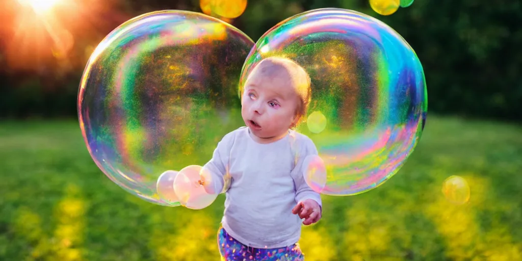 Prompt: an adorable human infant stuck inside of a giant iridescent floating soap bubble, bokeh, golden hour, back yard, golden hour