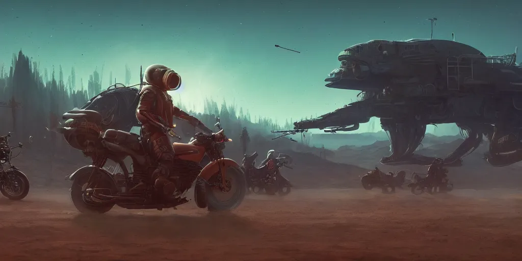 Prompt: american astronaut driving a motorcycle, tribe members chasing, action scene, an epic fantasy, dramatic lighting, cinematic, establishing shot, extremely high detail, photorealistic, cinematic lighting, artstation, octane render, by simon stalenhag, horizon forbidden west