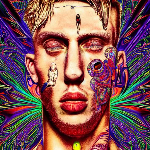 Image similar to an extremely psychedelic portrait of mgk, surreal, lsd, face, detailed, intricate, elegant, lithe, highly detailed, digital oth, sharp focus, illustration,