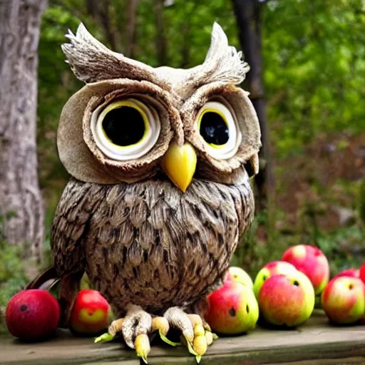 Prompt: a grotesque, horrific owl made entirely of apples