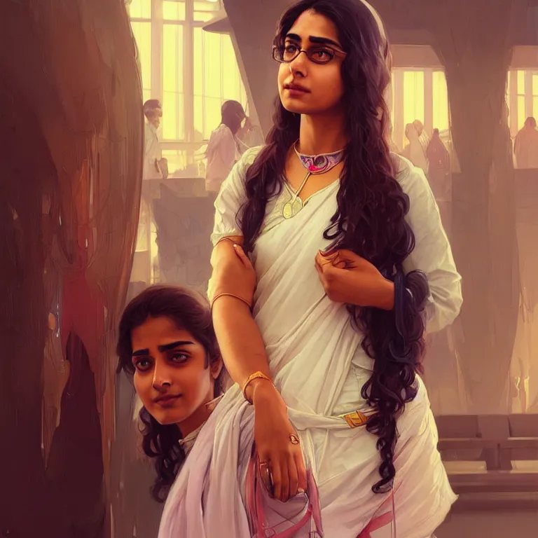 Image similar to Anxious pretty young Indian doctor in modern clothes waiting at the airport, portrait, sci-fi face, elegant, highly detailed, digital painting, artstation, concept art, smooth, sharp focus, illustration, art by artgerm and greg rutkowski and alphonse mucha