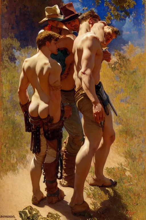 Prompt: a homoerotic painting by gaston bussiere, craig mullins, alphonse mucha j. c. leyendecker, clyde aspevig of two gunslingers in love standing back to back | bandoliers, shirtless, leather clothing