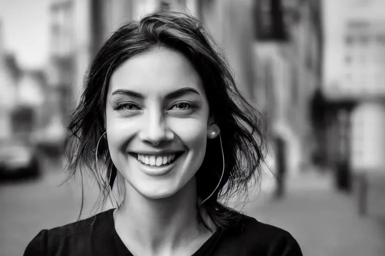 Prompt: still photo of a beautiful british woman smiling at the camera on the street, black and white color aesthetic, highly detailed, photorealistic portrait, bright studio setting, studio lighting, crisp quality and light reflections, unreal engine 5 quality render