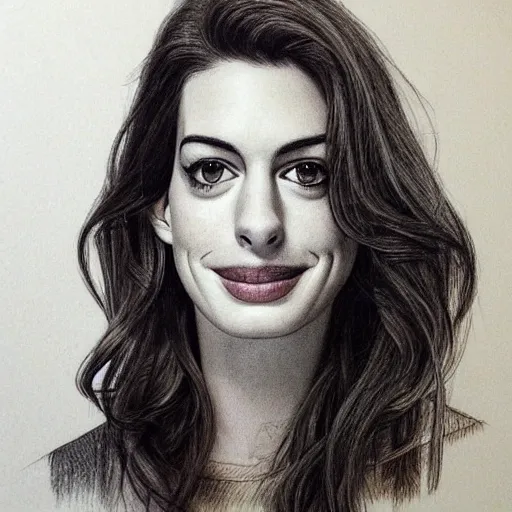 Prompt: a pencil sketch of anne hathaway