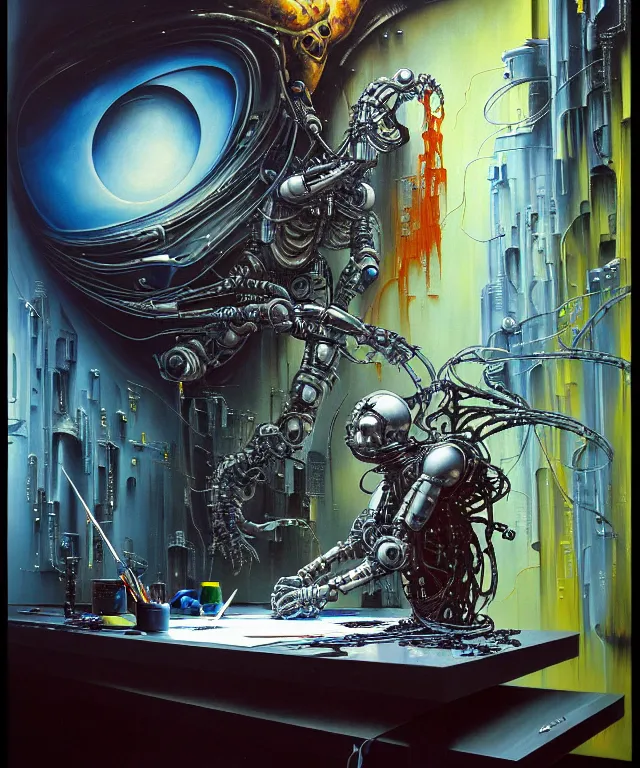 Prompt: realistic detailed image of futuristic cyborg-robot-painter-artist creating a painting with acrylic paint and brushes in a futuristic artist studio by H.R Giger, Ayami Kojima, Amano, Karol Bak, Greg Hildebrandt, and Mark Brooks, Neo-Gothic, gothic, rich deep colors. Beksinski painting, part by Adrian Ghenie and Gerhard Richter. art by Takato Yamamoto. masterpiece