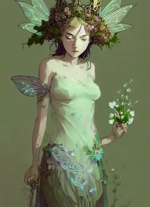 Image similar to cute fairy girl with crown of flowers in transparent clothing covered with celtic rune tattoos, fantasy, by atey ghailan, by greg rutkowski, by greg tocchini, by james gilleard, by joe gb fenton, by in kaethe butcher, dynamic lighting, gradient light green, brown, blonde cream and white color in scheme, grunge aesthetic