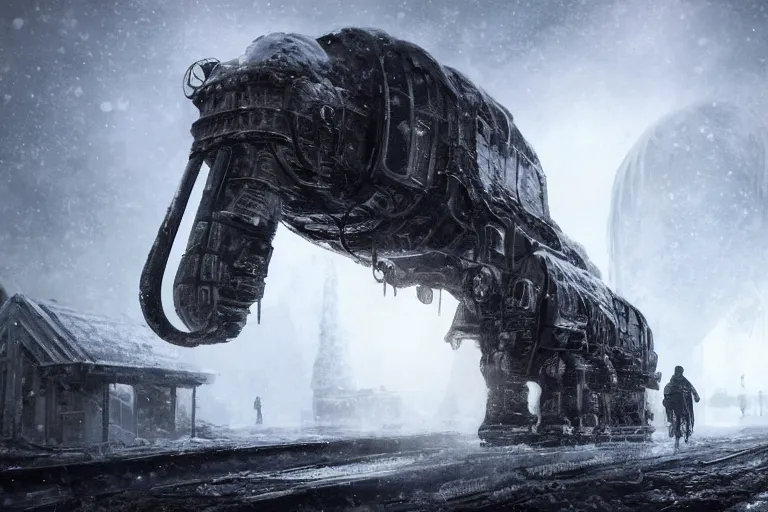 Image similar to an intricate futuristic black steam train and a giant mammoth, post - apocalyptic ice landscape in snowstorm, concept art, artstation, highly detailed, digital art