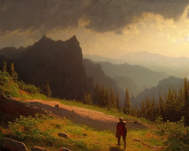 Image similar to a traveler wandering trough the mountains looking at the clouds, very detailed, focused, oil painting, cinematic lighting, albert bierstadt, trending on artstation, colorful, canvas, sunset, hans dahl, theodor kittelsen, hermann hendrich, national geographic, Konstantin Yakovlevich Kryzhitsky, beautiful nature, breathtakingn nordic