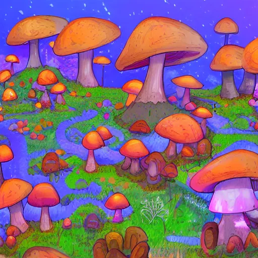 Image similar to colorful village made of mushrooms connected by a vast mycelial network, dreamy landscape, prismatic lighting