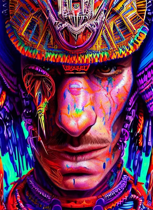 Image similar to portrait of andrew garfield, hyper detailed ultra sharp aztec shaman warrior. trending on artstation, warpaint aesthetic, bloodwave, colorful, psychedelic, ornate, intricate, digital painting, concept art, smooth, sharp focus, illustration, art by artgerm and greg rutkowski and h. r. giger, 8 k