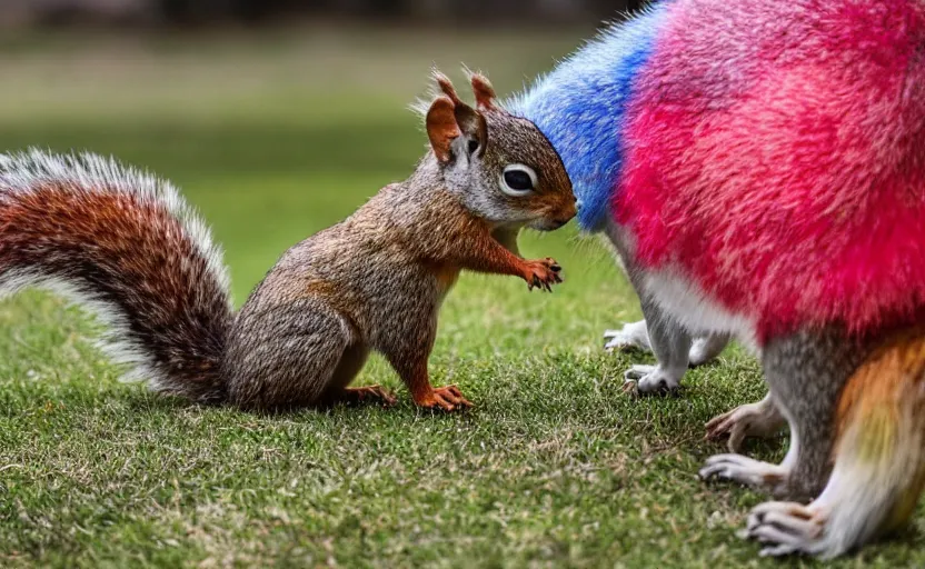 Prompt: photo of a person in a colorful fursuit stalking a squirrel, award winning photo, national geographic photo