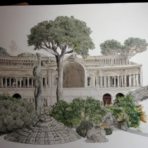 Prompt: delicate marble garden on paper, stony, puffy, botanical herbarium, botanic watercolors, iridescent, 8 k wide angle, realistic shaded, fine details, artstation, italian, colonnade, oak tree, pinecone, pomegranade, hydrangea, vines, gardena architecture, pompeii