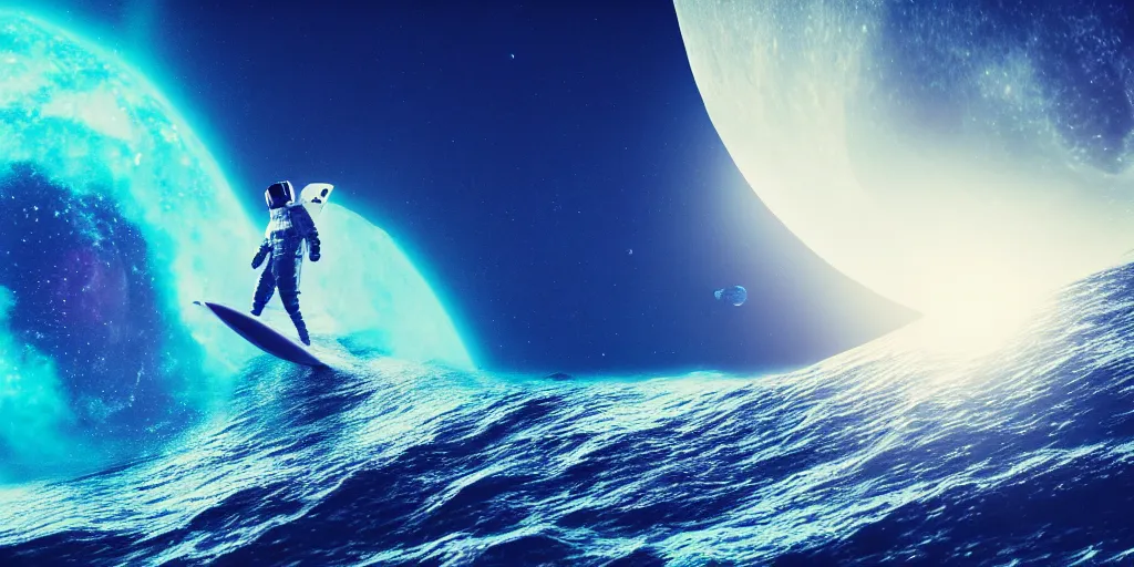 Image similar to astronaut surfing a surfboard on a sparkly crashing wave of stardust in space, background is a moon in nebula, octane render, unreal engine, wide view, 8 k, highdetaild