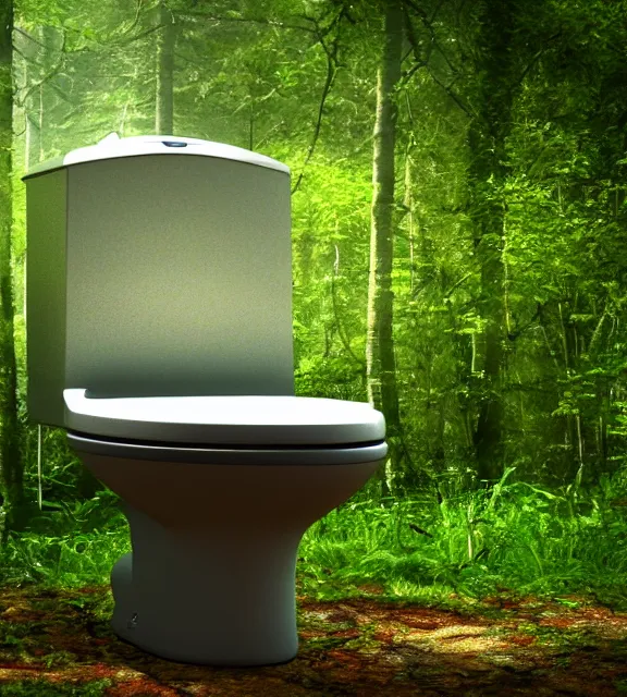 Image similar to a 4 k photorealistic photo of a toilet in a forest.