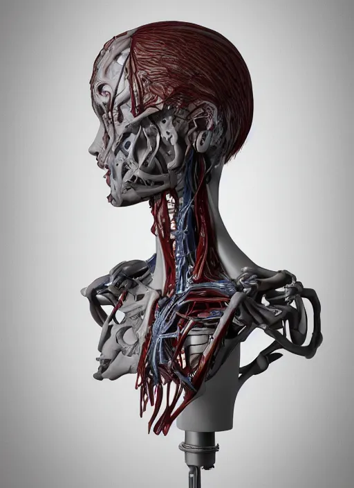 Image similar to an orthographic bust sculpture of anatomical female detailed cyborg, veins, mechanical parts, studio lighting by Wes Anderson