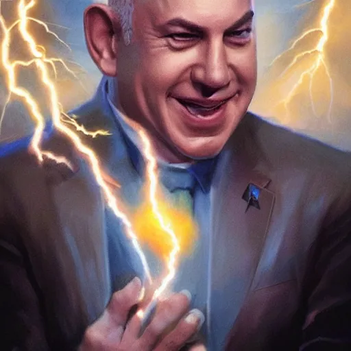 Image similar to portrait of benjamin netanyahu grinning while holding lightning bolts, by artgerm and greg rutkowski
