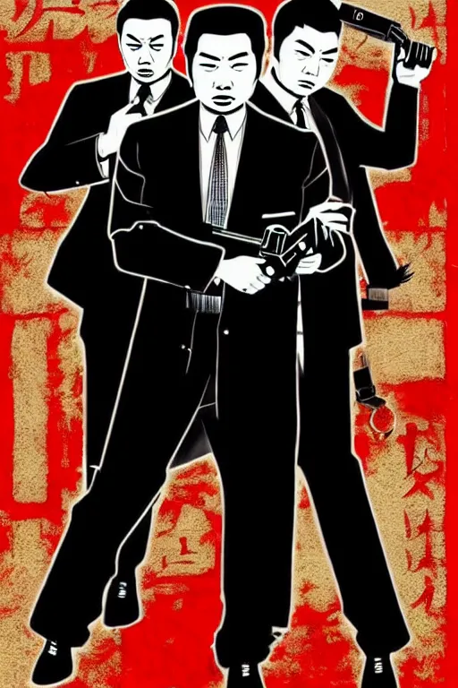 Image similar to chinnese mafia, with black suit, some of them have myth china tatto. digital art, concept art, pop art, bioshock art style, accurate, detailed, gta chinatown art style, dynamic, face features, body features, ultra realistic, smooth, sharp focus, art by richard hamilton and mimmo rottela