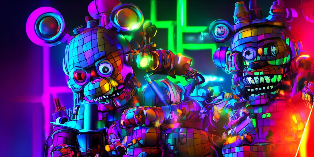 Image similar to fnaf freddy, cyberpunk, rgb, neon, hd, cinematic,