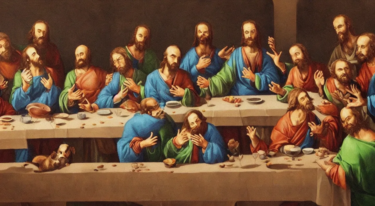 Image similar to painting of the last supper portrayed by cute cats