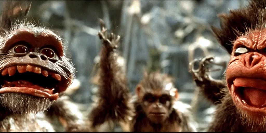 Prompt: frame from planet of the apes gremlins.
