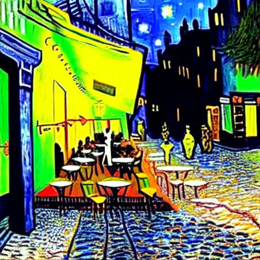 Prompt: Cyberpunk Cafe Terrace at night by Vincent Van Gogh