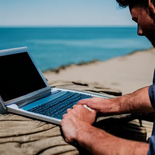 Image similar to photo of man working on laptop at beach, perfect face, fine details, 4 k, bokeh