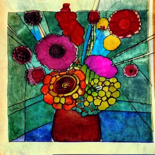 Prompt: a fancy vase with a colorful and beautiful flower arrangement by the close window. very stylize and delicate watercolor and pen drawing on old newspaper. klee and da vinci style. colors splashes. stains. view from far.