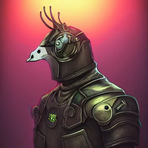 Prompt: a goose in a detective suit, fantasy, dystopia core, apocalyptic, armor, warrior, dramatic, sharp focus, fiction, neon, fantasy, hyper detailed, digital art, trending in artstation, cinematic lighting