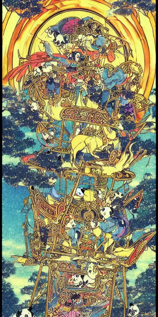 Image similar to a mystical chariot drawn by pandas in japan, 1990s anime, full color, tarot card the chariot,