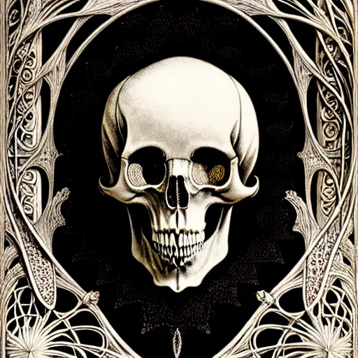 Image similar to art forms of nature by ernst haeckel, memento mori by arthur rackham, ornate antique porcelain beautiful skull mask, ultrasharp, photorealistic, hyperdetailed, octane render, polished, art nouveau, neo - gothic, gothic, intricate ornamental organic filigree, art nouveau botanicals, art forms of nature by ernst haeckel, horizontal symmetry, symbolist, visionary