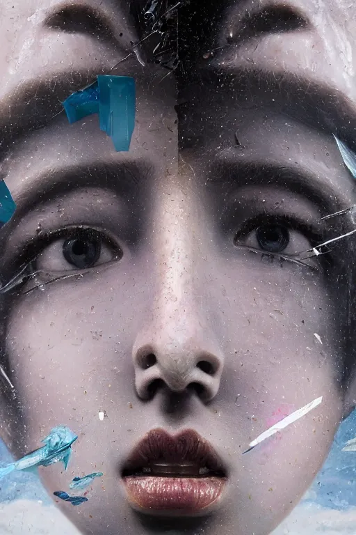 Image similar to 3 d, close - up, fashion model looking up, marble, tears, poster art, intricate oil painting, high detail, figurative art, multiple exposure, poster art, 3 d, by stanley kubrick and tooth wu and wlop and beeple