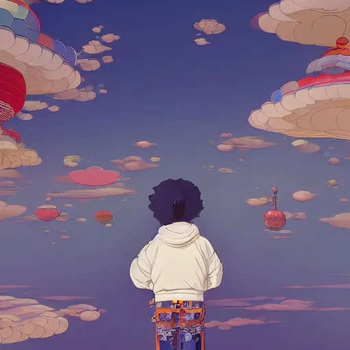 Image similar to a man walking on clouds above kyoto by takashi murakami, beeple and james jean, aya takano color style, 4 k, super detailed