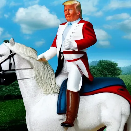 Prompt: Donald Trump riding a white horse, wide lens, diorama, 4k,