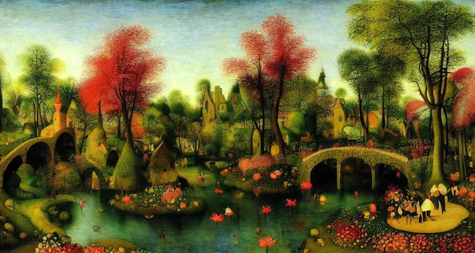 Image similar to a beautiful fairyland with a pond, ambient lighting, fantasy art, pieter brueghel, martin johnson heade style art